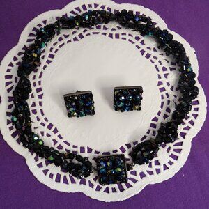 Givenchy Black Iridescent Beaded Choker & Pierce Square Earrings Set